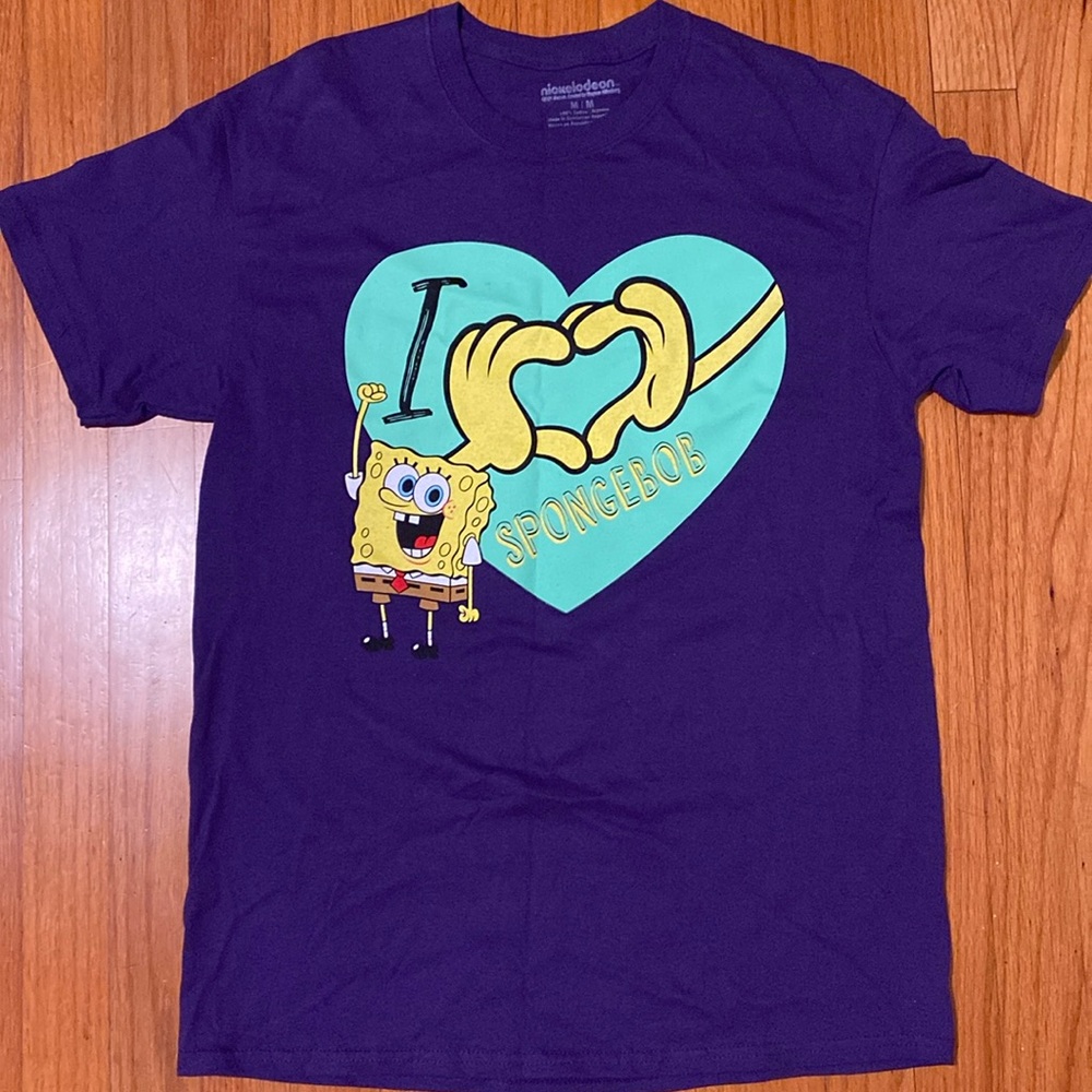Nickelodeon I Love Spongebob Patrick Gary Rainbow Purple Heart Mens Shirt